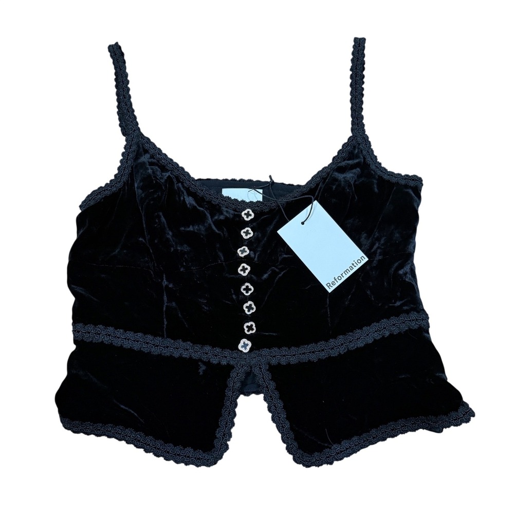 Reformation Minna Black Velvet Tank Top Lace Trim Decorative Button 10 Chic NWT - Picture 2 of 11